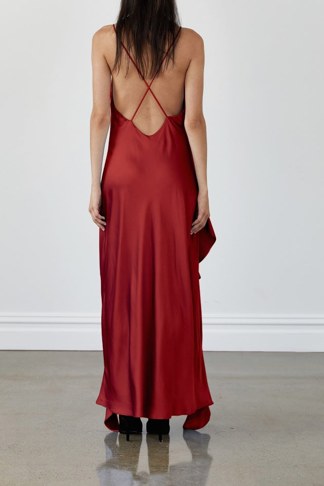 Robe longue sexy en satin à bretelles spaghetti pour femme, col en V, dos nu, ourlet asymétrique à volants, robe de soirée, de bal